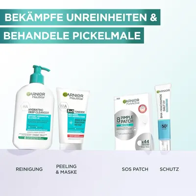 Showcases a complete skincare routine for treating acne and imperfections, highlighting multiple products and their specific uses.