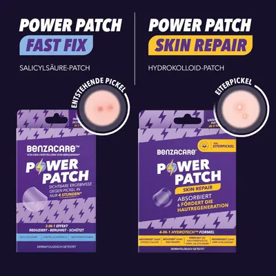 Compares two different types of Power Patch products, highlighting their specific uses and benefits for treating different skin issues.