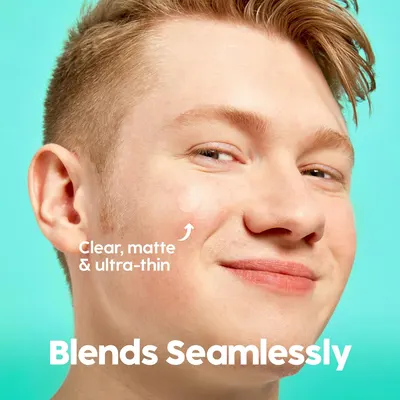 Highlights the product's ability to blend seamlessly with skin, emphasizing its clear, matte, and ultra-thin properties.
