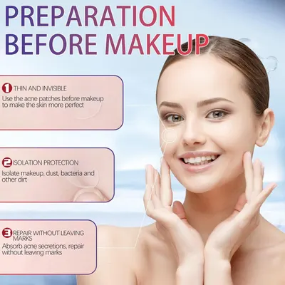 Highlights multiple benefits of using acne patches before makeup application, including perfecting skin, protecting from contaminants, and repairing acne without marks.