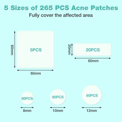 Shows the different sizes of acne patches available to fully cover affected areas of various sizes.