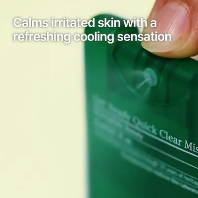 Highlights the product's ability to soothe irritated skin with a cooling effect, emphasizing its calming and refreshing properties.