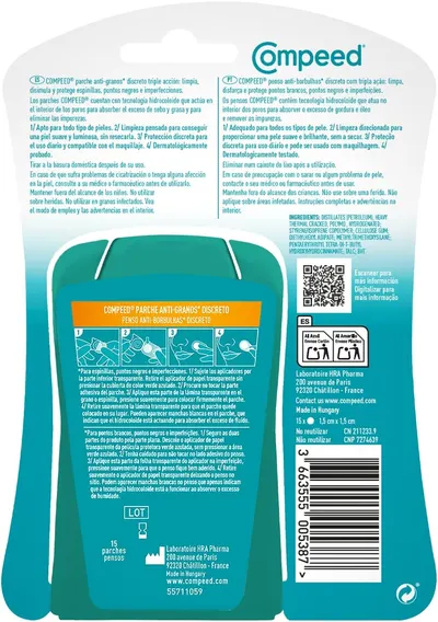 Provides step-by-step instructions on how to apply the Compeed anti-blemish patch correctly. Informs users about safe usage, warnings, and product ingredients to ensure proper application and avoid…