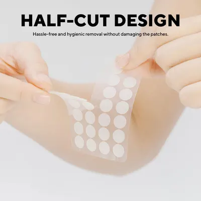 Highlights the product's half-cut design feature, emphasizing hassle-free and hygienic removal without damaging the patches.