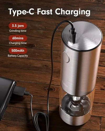Highlights multiple key features of the electric grinder, including its fast charging capability, battery life, and grinding capacity.