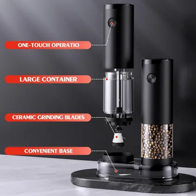 Highlights key features and components of the electric pepper grinder to showcase its ease of use and functionality.