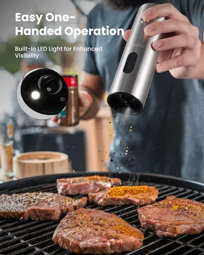 Highlights the ease of use with one-handed operation and the added convenience of a built-in LED light for better visibility when seasoning food.