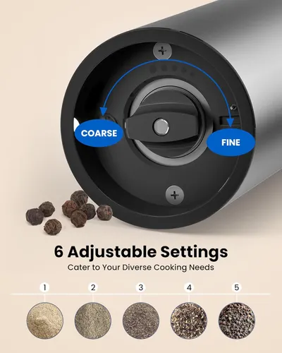 Demonstrates the product's adjustable grind settings from coarse to fine, showcasing its versatility for different cooking needs. Guides users on how to select different grind sizes, from coarse to…