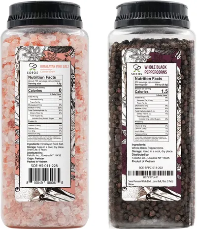 Shows the complete set of Himalayan pink salt and whole black peppercorns that the customer receives, highlighting the complementary pairing.