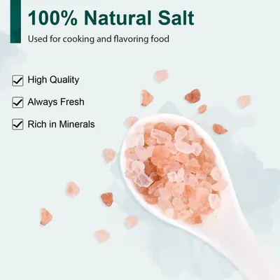 Highlights multiple key benefits of the natural salt product to emphasize its quality and versatility for cooking and flavoring food.