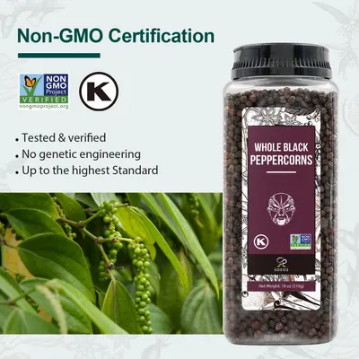 Highlights the product's Non-GMO certification to reassure customers about the safety and quality of the whole black peppercorns.