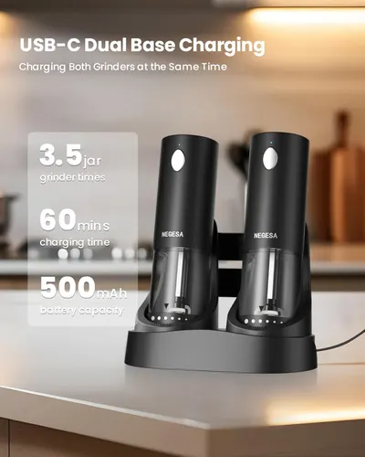 Highlights key performance metrics of the dual grinder charging base to demonstrate its efficiency and convenience. Emphasizes the product's ability to charge both grinders simultaneously,…