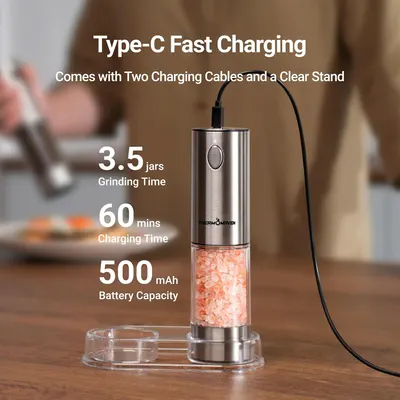 Highlights key performance metrics of the electric salt/pepper grinder to demonstrate its efficiency and capacity. Informs the customer about additional accessories included with the product to…