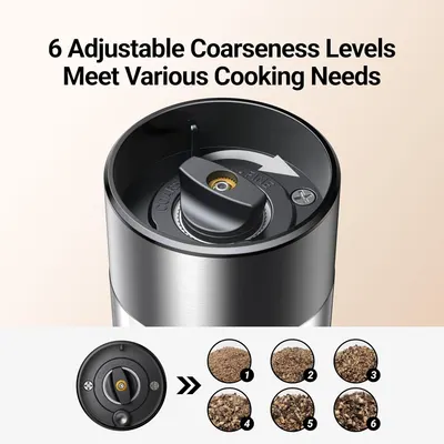 Highlights the product's 6 adjustable coarseness levels to demonstrate its versatility in meeting various cooking needs.