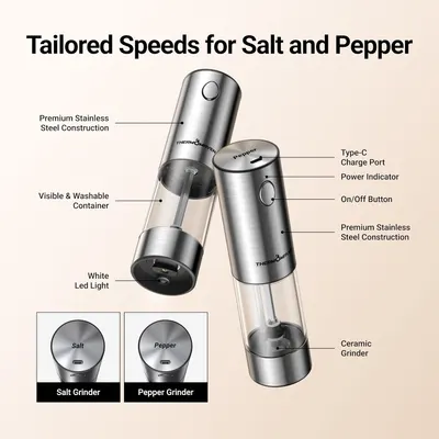 Highlights the key components and features of the electric salt and pepper grinders to showcase their functionality and quality construction.