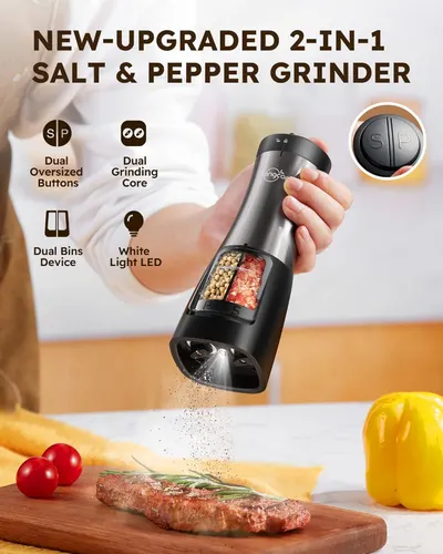 Highlights multiple features of the salt and pepper grinder to show its versatility and ease of use.