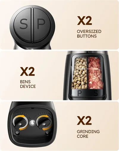 Highlights three key features of the product: easy-to-use oversized buttons, dual compartment design for different ingredients, and a powerful grinding mechanism.