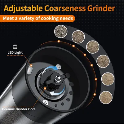 Secondary Images for 2Pack Electric Salt and Pepper Grinder Set USB Rechargeable with Warm LED Light