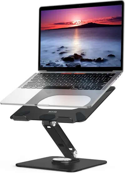 Showcases the product's ability to elevate and adjust a laptop for improved ergonomics and comfort.