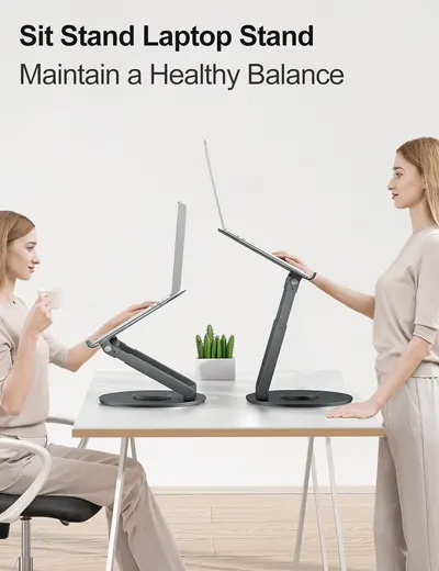 Demonstrates the product's ability to be used in both sitting and standing positions, promoting a healthier work environment. Highlights the ergonomic benefit…