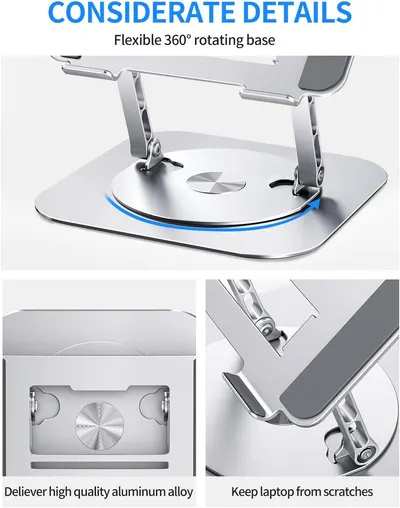 Highlights the flexible 360° rotating base and high-quality aluminum alloy construction of the laptop stand, emphasizing its considerate design details.