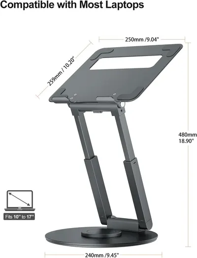Demonstrates that the laptop stand is compatible with a wide range of laptop sizes, from 10" to 17". Provides exact measurements of the stand and shows its…
