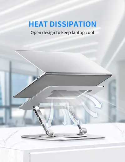 Highlights the laptop stand's open design that allows for better airflow and cooling of the laptop.