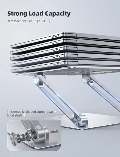 Demonstrates the product's strong load capacity by showing it can hold up to 7 Macbook Pro 13 laptops (2.06 LBS each). Highlights the product's robust construction with thickened U-shaped support…