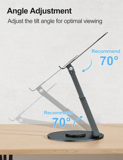 Demonstrates the product's ability to adjust tilt angle for optimal viewing, highlighting the recommended 70-degree angle.