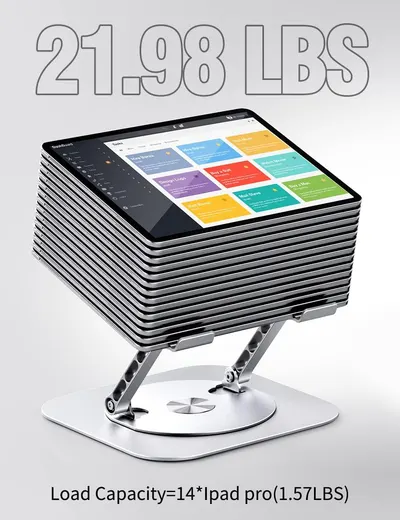 Demonstrates the impressive weight capacity of the tablet stand, showing it can support multiple devices.