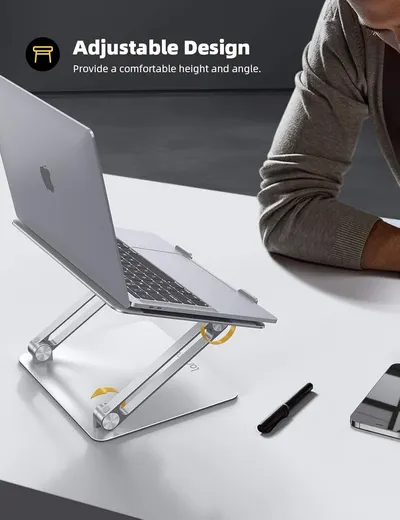 Highlights the product's adjustable height and angle feature to provide a comfortable ergonomic setup for laptop users.
