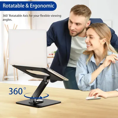 Highlights the product's 360-degree rotatable axis to demonstrate flexible viewing angles for improved ergonomics and user comfort.