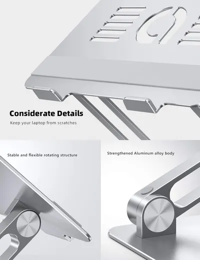 Highlights multiple features of the laptop stand to demonstrate its quality construction and protective design.