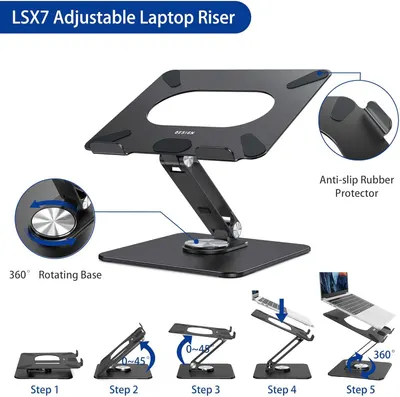Demonstrates the step-by-step process of setting up and adjusting the laptop riser, showcasing its versatility and ease of use. Highlights multiple key…