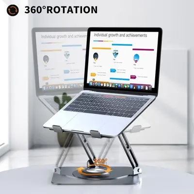 Highlights the laptop stand's ability to rotate 360 degrees, allowing for flexible viewing angles and improved ergonomics.