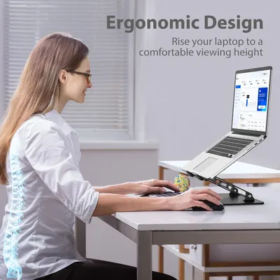 Highlights the ergonomic benefit of raising the laptop to a comfortable viewing height, promoting better posture and reducing neck strain.