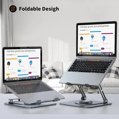Highlights the product's foldable and adjustable design, emphasizing its portability and ergonomic benefits for laptop users.