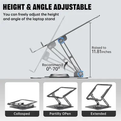 Demonstrates how to adjust the height and angle of the laptop stand, showing its versatility and ergonomic benefits. Highlights multiple features of the…