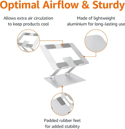 Highlights the product's ability to keep devices cool through extra air circulation and its durable, long-lasting aluminum construction.
