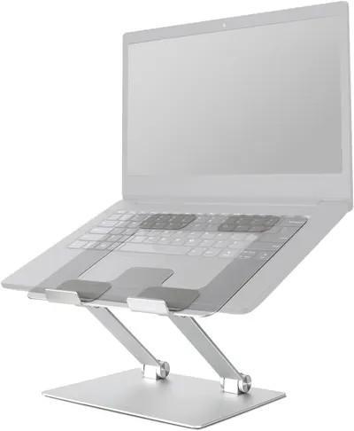 Shows the product in use, demonstrating how it elevates and angles a laptop for improved ergonomics and comfort.