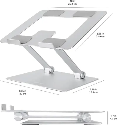 Provides exact measurements of the laptop stand to help customers understand its size and fit for their workspace.