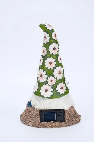 Showcases a whimsical garden gnome figurine with a floral design, appealing to customers looking for cute seasonal outdoor decorations.
