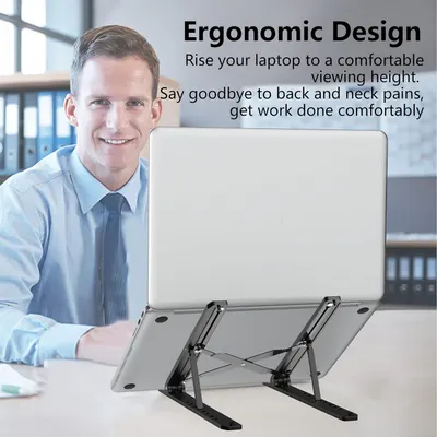 Highlights the ergonomic benefit of raising the laptop to a comfortable viewing height, reducing back and neck pain for improved work comfort.