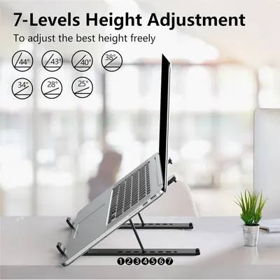 Highlights the product's 7-level height adjustment feature to show versatility and ergonomic benefits for laptop users.