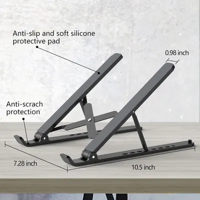 Highlights key features and dimensions of the laptop stand to show its protective and adjustable design. Provides exact dimensions of the product to help…
