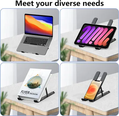 Demonstrates the product's versatility in supporting various devices like laptops, tablets, phones, and books, appealing to users with diverse needs.