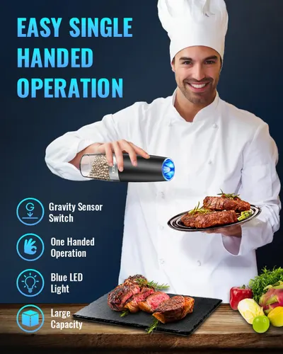 Highlights the product's ease of use with one hand, emphasizing convenience for busy chefs or cooks. Showcases multiple features of the product to demonstrate…