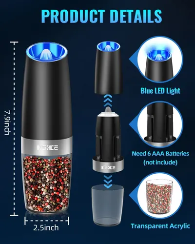 Highlights key features of the electric pepper grinder, showing its components and how it's assembled.