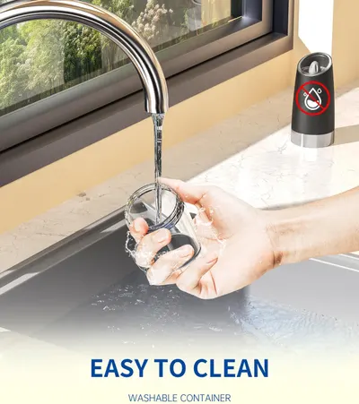 Highlights that the product is easy to clean, showing a hand washing the container under running water.