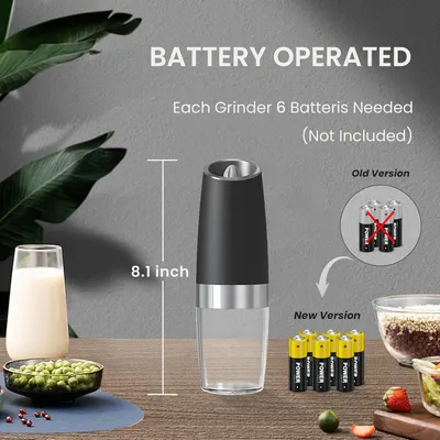 Highlights that the grinder is battery-powered, requiring 6 batteries (not included). Emphasizes convenience and portability.